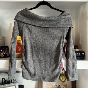 Democracy Gray Ribbed Off-the-Shoulder Sweater